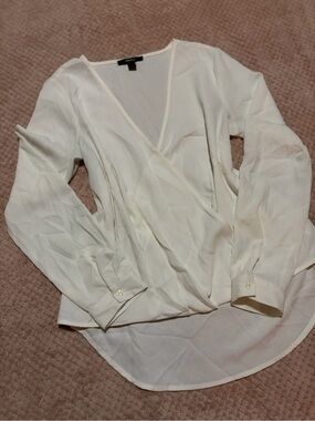 Forever 21 Cream Surplice Wrap Blouse - V-Neck Long Sleeve